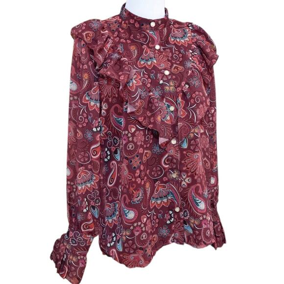 Ruffled Victorian Style Blouse Top LG Ruffles Feminine Retro‎ Burgundy Peacock - Picture 10 of 10
